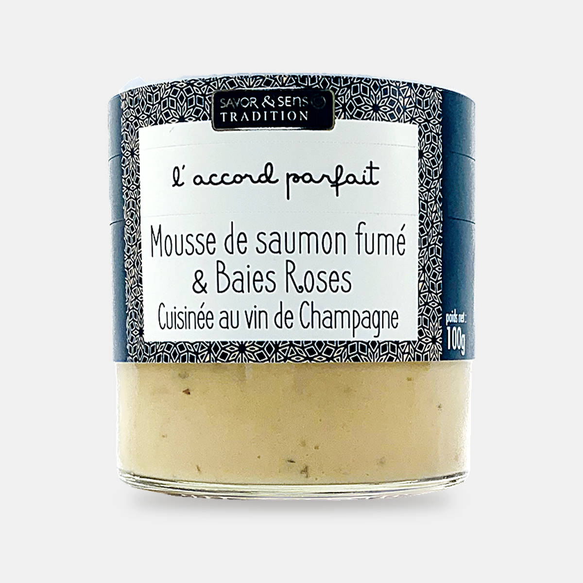 Mousse Saumon Fumé & baies roses, cuisinée au vin de Champagne