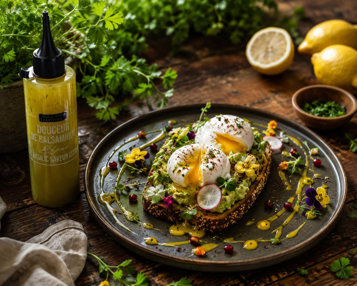 Lifestyle – white balsamic glaze with basil and lemon
